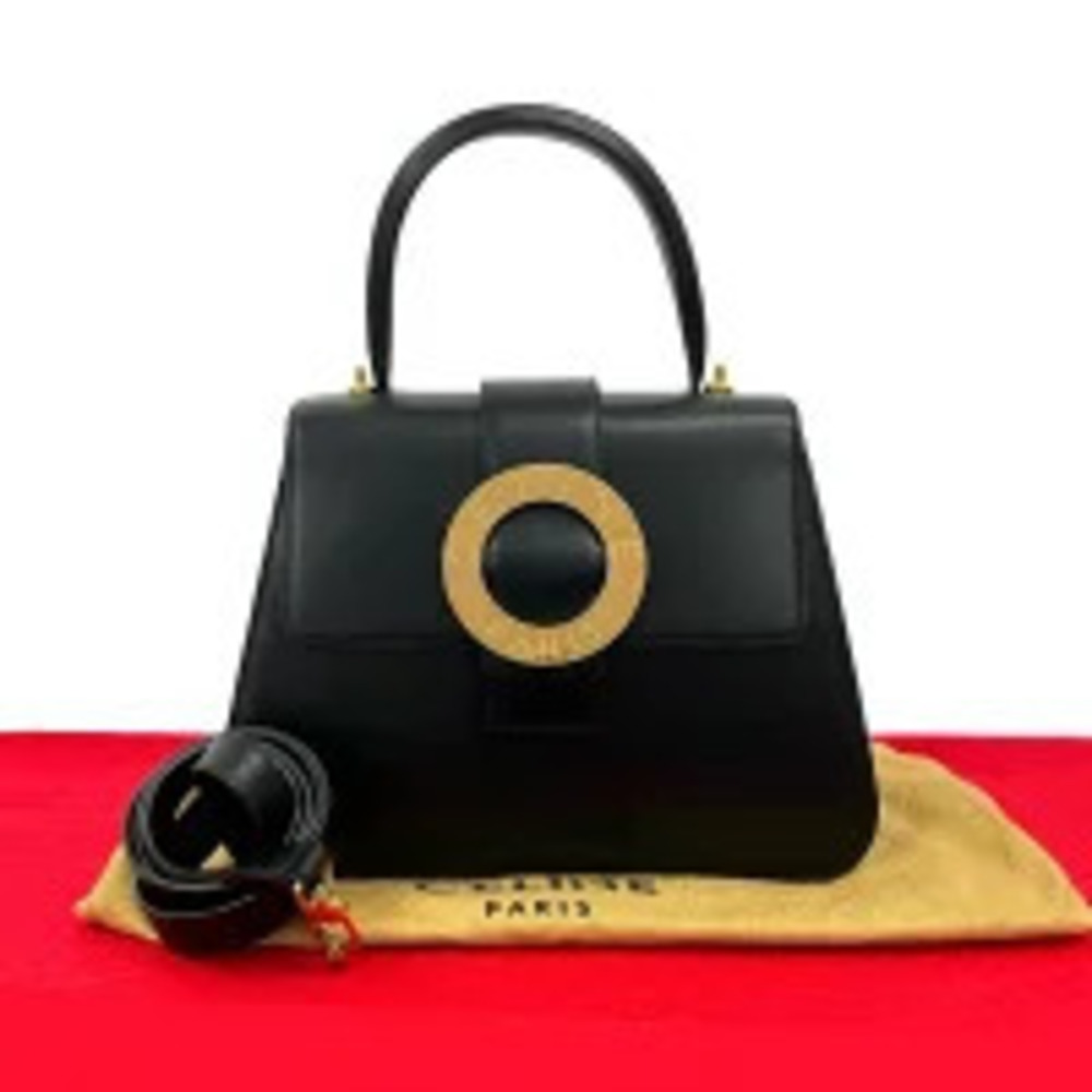 CELINE Circle Logo Calf Leather Shoulder Handbag Black